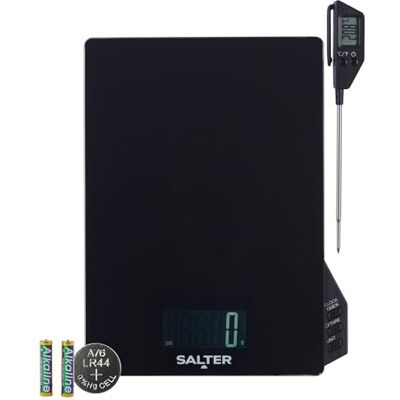 SALTER Thermometer- & Küchenwaagen-Set – Mit Timer, Uhr, abnehmbarer Sonde, Aquatronic-Funktion für Flüssigkeiten, Celsius/Fahrenheit-Anzeige, mehrere Wiegeoptionen SALTER Thermometer- & Küchenwaagen-Set – Mit Timer, Uhr, abnehmbarer Sonde, Aquatronic-Funktion für Flüssigkeiten, Celsius/Fahrenheit-Anzeige, mehrere Wiegeoptionen