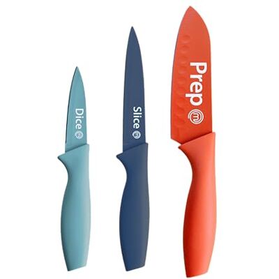 MasterChef Messer Set, Messerset mit Küchenmesser, Kochmesser & Schälmesser, Schneidemesser Küche Set, Scharfe Messer mit Beschichtete Edelstahlklingen, Rostfrei, Softgriff, 3-teilig, Mehrfarbig MasterChef Messer Set, Messerset mit Küchenmesser, Kochmesser & Schälmesser, Schneidemesser Küche Set, Scharfe Messer mit Beschichtete Edelstahlklingen, Rostfrei, Softgriff, 3-teilig, Mehrfarbig