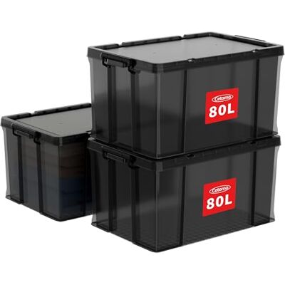 Cetomo 80L*3 Heavy-Duty Aufbewahrungsboxen, Stapelbare Kunststoffbox mit Deckeln, Robuster Behälter mit verstärkten Ecken & Einrastverschlüssen, Langlebig, Stabil, Transparent Schwarz, 80L-3er Set Cetomo 80L*3 Heavy-Duty Aufbewahrungsboxen, Stapelbare Kunststoffbox mit Deckeln, Robuster Behälter mit verstärkten Ecken & Einrastverschlüssen, Langlebig, Stabil, Transparent Schwarz, 80L-3er Set