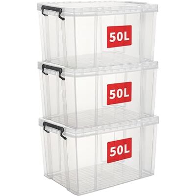 Cetomo 50L*3 Heavy-Duty Aufbewahrungsboxen, Stapelbare Kunststoffbox mit Deckeln, Robuster Behälter mit verstärkten Ecken & Einrastverschlüssen, Langlebig, Stabil, PP, Transparent, 50L-3er Set Cetomo 50L*3 Heavy-Duty Aufbewahrungsboxen, Stapelbare Kunststoffbox mit Deckeln, Robuster Behälter mit verstärkten Ecken & Einrastverschlüssen, Langlebig, Stabil, PP, Transparent, 50L-3er Set