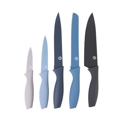MasterChef Messer Set, Messerset mit Küchenmesser, Kochmesser, Brotmesser, Schälmesser & Allzweckmesser, Schneidemesser Küche Set, Scharfe Messer mit Edelstahlklingen, Softgriff, 5-teilig, Blau MasterChef Messer Set, Messerset mit Küchenmesser, Kochmesser, Brotmesser, Schälmesser & Allzweckmesser, Schneidemesser Küche Set, Scharfe Messer mit Edelstahlklingen, Softgriff, 5-teilig, Blau