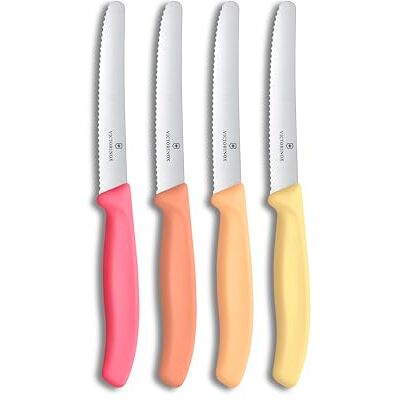 Victorinox Swiss Classic Frühstücksmesser, Brötchenmesser, Set 4teilig, Scharfe Klinge, Wellenschliff, 11 cm, Rostfreier Stahl, Pink, Orange und Gelb Victorinox Swiss Classic Frühstücksmesser, Brötchenmesser, Set 4teilig, Scharfe Klinge, Wellenschliff, 11 cm, Rostfreier Stahl, Pink, Orange und Gelb