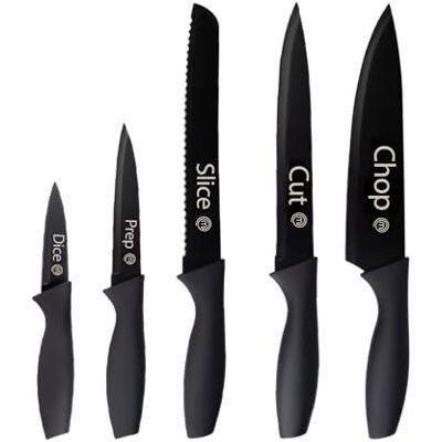 MasterChef Messer Set, Messerset mit Küchenmesser, Kochmesser, Brotmesser, Schälmesser & Allzweckmesser, Schneidemesser Küche Set, Scharfe Messer mit Edelstahlklingen, Softgriff, 5-teilig, Schwarz MasterChef Messer Set, Messerset mit Küchenmesser, Kochmesser, Brotmesser, Schälmesser & Allzweckmesser, Schneidemesser Küche Set, Scharfe Messer mit Edelstahlklingen, Softgriff, 5-teilig, Schwarz