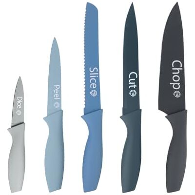 MasterChef Messer Set, Messerset mit Küchenmesser, Kochmesser, Brotmesser, Schälmesser & Allzweckmesser, Schneidemesser Küche Set, Scharfe Messer mit Edelstahlklingen, Softgriff, 5-teilig, Blau MasterChef Messer Set, Messerset mit Küchenmesser, Kochmesser, Brotmesser, Schälmesser & Allzweckmesser, Schneidemesser Küche Set, Scharfe Messer mit Edelstahlklingen, Softgriff, 5-teilig, Blau