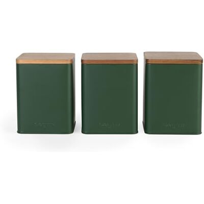 SALTER Toronto 3-teiliges Kanister-Set – Aufbewahrungskanister für Tee, Kaffee und Zucker, mattierte Pulverbeschichtung, Akazienholzdeckel, leichte Reinigung, platzsparende Behälter, Grün SALTER Toronto 3-teiliges Kanister-Set – Aufbewahrungskanister für Tee, Kaffee und Zucker, mattierte Pulverbeschichtung, Akazienholzdeckel, leichte Reinigung, platzsparende Behälter, Grün
