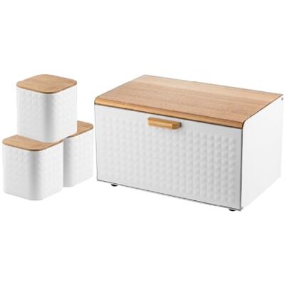 Florina Brotkasten inkl. 3-er-Set Aufbewahrungsdosen CUBE I Brotbox aus Stahl und Bambus-Deckel I Geräumiger und moderner Brotbehälter I 3 Vorratsdosen für Kaffee Tee Zucker I Farbe: Weiß Florina Brotkasten inkl. 3-er-Set Aufbewahrungsdosen CUBE I Brotbox aus Stahl und Bambus-Deckel I Geräumiger und moderner Brotbehälter I 3 Vorratsdosen für Kaffee Tee Zucker I Farbe: Weiß