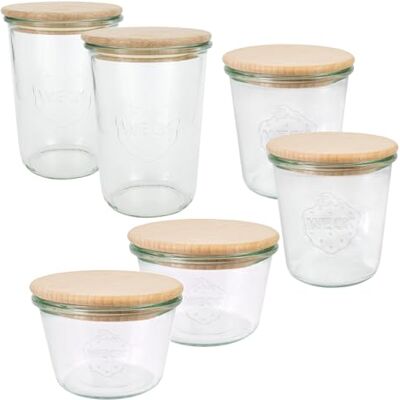 Weck Gläser Set (6 Einmachgläser, 2x 250 ml, 2x 500 ml, 2x 750 ml mit Holzdeckel, zum Einmachen/Aufbewahren von Lebensmitteln) 79213, Klar Weck Gläser Set (6 Einmachgläser, 2x 250 ml, 2x 500 ml, 2x 750 ml mit Holzdeckel, zum Einmachen/Aufbewahren von Lebensmitteln) 79213, Klar