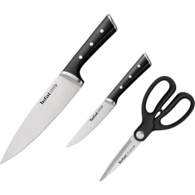 Tefal Ice Force 3-teiliges Messerset, Kochmesser, Universalmesser, Küchenschere, Klinge aus deutschem Edelstahl, lang anhaltende Schneidleistung und Schärfe, Edelstahl/Schwarz, K232S355 Tefal Ice Force 3-teiliges Messerset, Kochmesser, Universalmesser, Küchenschere, Klinge aus deutschem Edelstahl, lang anhaltende Schneidleistung und Schärfe, Edelstahl/Schwarz, K232S355
