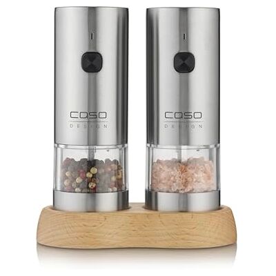 Caso SpiceDuo Elektrische Salz- & Pfeffermühle Set – Edelstahl Gewürzmühlen mit Keramikmahlwerk, stufenlos einstellbar, LED-Licht, USB-C aufladbar, Einhandbedienung & Holzhalterung Caso SpiceDuo Elektrische Salz- & Pfeffermühle Set – Edelstahl Gewürzmühlen mit Keramikmahlwerk, stufenlos einstellbar, LED-Licht, USB-C aufladbar, Einhandbedienung & Holzhalterung