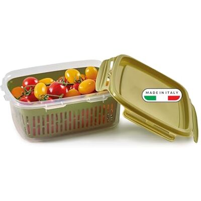 Snips Frischhaltedose für Obst und Gemüse 1,8 L mit herausnehmbarem Sieb, rechteckige Vorratsdose mit Deckel, 4 Verschlüssen und Dichtung, stapelbar, spülmaschinenfest, Made in Italy Snips Frischhaltedose für Obst und Gemüse 1,8 L mit herausnehmbarem Sieb, rechteckige Vorratsdose mit Deckel, 4 Verschlüssen und Dichtung, stapelbar, spülmaschinenfest, Made in Italy