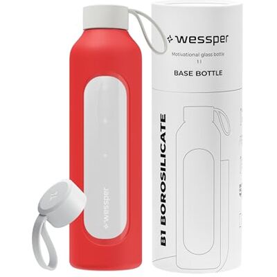 Wessper Trinkflasche Glas 1 liter, Flasche mit Hydrationsskala Rot Wessper Trinkflasche Glas 1 liter, Flasche mit Hydrationsskala Rot