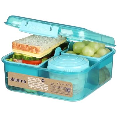 Sistema Bento Box Ocean Bound Plastic Brotdose mit Fächern 1,25 L Lunchbox mit Joghurt-/Fruchtbehälter Lunchbox Kinder & Erwachsene l Hergestellt mit recyceltem Kunststoff türkis Sistema Bento Box Ocean Bound Plastic Brotdose mit Fächern 1,25 L Lunchbox mit Joghurt-/Fruchtbehälter Lunchbox Kinder & Erwachsene l Hergestellt mit recyceltem Kunststoff türkis