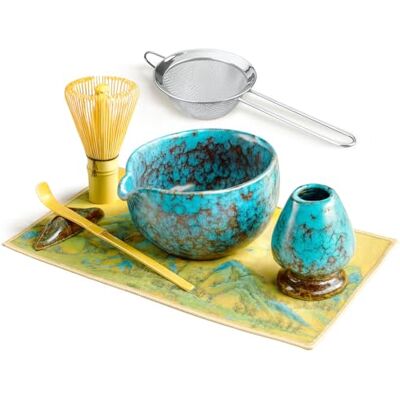 SURFOU Matcha Set 7 Stück, Matcha Schale mit Ausgießer, Bambus-Schneebesen, Schaufel, Besenständer, Filtersieb, Teetuchunterlage, Leicht zu Reinigen, Perfekt Für Einsteiger und Milchkaffee-Fans SURFOU Matcha Set 7 Stück, Matcha Schale mit Ausgießer, Bambus-Schneebesen, Schaufel, Besenständer, Filtersieb, Teetuchunterlage, Leicht zu Reinigen, Perfekt Für Einsteiger und Milchkaffee-Fans