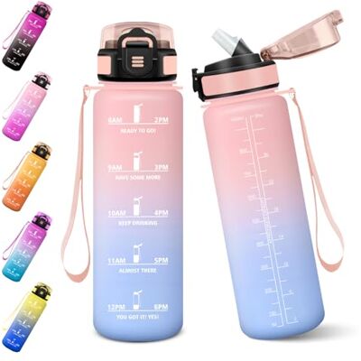 Baramumu Trinkflasche mit Strohhalm, 1000ml Auslaufsichere Flasche, Trinkflasche Sport, Kohlensäure Geeignet, Flasche, BPA-Frei, Wasserflasche für Fitness, Schule, Büro-Rosa&Himmelblau Baramumu Trinkflasche mit Strohhalm, 1000ml Auslaufsichere Flasche, Trinkflasche Sport, Kohlensäure Geeignet, Flasche, BPA-Frei, Wasserflasche für Fitness, Schule, Büro-Rosa&Himmelblau