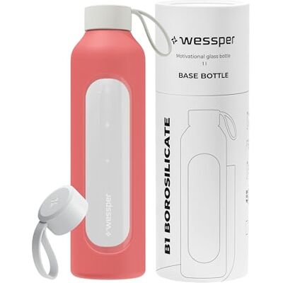 Wessper Trinkflasche Glas 1 liter, Flasche mit Hydrationsskala -Korallenrot Wessper Trinkflasche Glas 1 liter, Flasche mit Hydrationsskala -Korallenrot