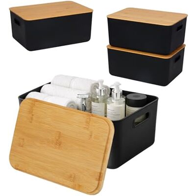 Relaxdays Aufbewahrungsbox, 2er Set, mit Deckel, Kunststoff & Bambus, mit Griffen, Organizer, HBT: 16x36x25 cm, schwarz Relaxdays Aufbewahrungsbox, 2er Set, mit Deckel, Kunststoff & Bambus, mit Griffen, Organizer, HBT: 16x36x25 cm, schwarz