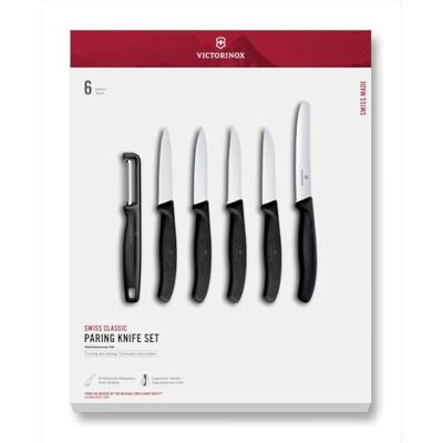 Victorinox Swiss Classic, Küchenmesser Set, 6teilig, Gemüse-, Tomaten- und Frühstücksmesser und Schäler, Robuster Kunststoffgriff, Rostfreier Stahl, Schwarz Victorinox Swiss Classic, Küchenmesser Set, 6teilig, Gemüse-, Tomaten- und Frühstücksmesser und Schäler, Robuster Kunststoffgriff, Rostfreier Stahl, Schwarz