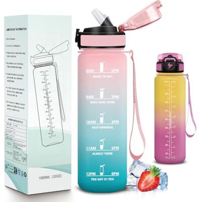 Mujigaga Trinkflasche 1l, Trinkflasche Sport, Wasserflasche mit Strohhalm, mit Zeitmarkierung und Schnürung, Wasserflasche Auslaufsichere Flasche für Fitnessstudio, Fahrrad, Outdoor, Büro Mujigaga Trinkflasche 1l, Trinkflasche Sport, Wasserflasche mit Strohhalm, mit Zeitmarkierung und Schnürung, Wasserflasche Auslaufsichere Flasche für Fitnessstudio, Fahrrad, Outdoor, Büro