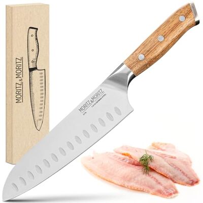 Moritz & Moritz Santoku Messer 18 cm Profi Kochmesser im japanischem Stil mit extra scharfer Klinge Küchenmesser für Fleisch, Sushi etc. Ergonomischer Akazienholz-Griff Deutscher Messerstahl Moritz & Moritz Santoku Messer 18 cm Profi Kochmesser im japanischem Stil mit extra scharfer Klinge Küchenmesser für Fleisch, Sushi etc. Ergonomischer Akazienholz-Griff Deutscher Messerstahl