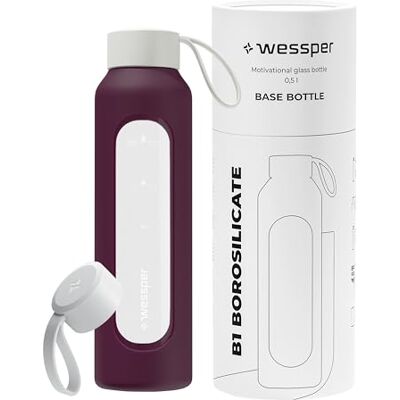 Wessper Trinkflasche Glas 500ml, Flasche mit Hydrationsskala Bordeauxrot Wessper Trinkflasche Glas 500ml, Flasche mit Hydrationsskala Bordeauxrot