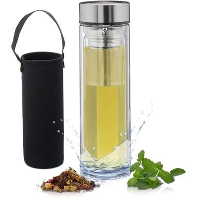 Relaxdays Teeflasche mit Sieb, 450 ml, Trinkflasche to go, isoliert, Neoprentasche, Teebereiter, Borosilikatglas, klar Relaxdays Teeflasche mit Sieb, 450 ml, Trinkflasche to go, isoliert, Neoprentasche, Teebereiter, Borosilikatglas, klar
