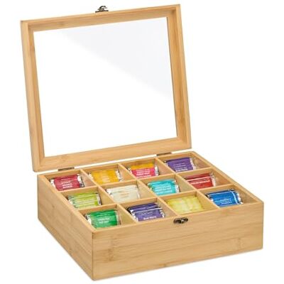 Relaxdays Teebox, 12 Fächer, Teebeutel Aufbewahrung, Bambus, Teekiste mit Sichtfenster, HxBxT: 11 x 32 x 28 cm, natur Relaxdays Teebox, 12 Fächer, Teebeutel Aufbewahrung, Bambus, Teekiste mit Sichtfenster, HxBxT: 11 x 32 x 28 cm, natur
