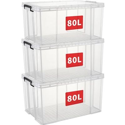 Cetomo 80L*3 Heavy-Duty Aufbewahrungsboxen, Stapelbare Kunststoffbox mit Deckeln, Robuster Behälter mit verstärkten Ecken & Einrastverschlüssen, Langlebig, Stabil, PP, Transparent, 80L-3er Set Cetomo 80L*3 Heavy-Duty Aufbewahrungsboxen, Stapelbare Kunststoffbox mit Deckeln, Robuster Behälter mit verstärkten Ecken & Einrastverschlüssen, Langlebig, Stabil, PP, Transparent, 80L-3er Set