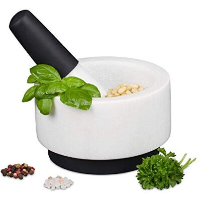 Relaxdays Mörser mit Stößel, Marmor, Silikon, langlebig, massiv, für Gewürze und Kräuter, Steinmörser D: 14 cm, weiß Relaxdays Mörser mit Stößel, Marmor, Silikon, langlebig, massiv, für Gewürze und Kräuter, Steinmörser D: 14 cm, weiß