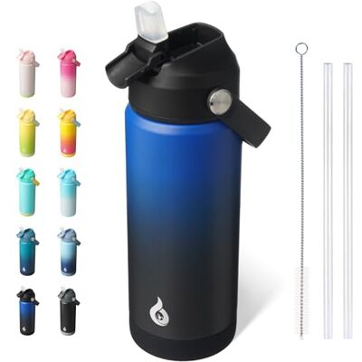 BJPKPK Isolierte Trinkflasche mit Strohhalm-Deckel, 530 ml Thermos Wasserflaschen, Flexgriff & Rutschfester Untersatz, BPA Frei Wasserdicht Edelstahl Metall Thermosflasche, Schwarz Blau BJPKPK Isolierte Trinkflasche mit Strohhalm-Deckel, 530 ml Thermos Wasserflaschen, Flexgriff & Rutschfester Untersatz, BPA Frei Wasserdicht Edelstahl Metall Thermosflasche, Schwarz Blau