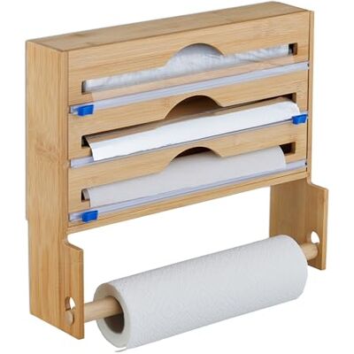 Relaxdays Folienspender mit Küchenrollenhalter, Wandmontage, HxBxT: 31x36x10 cm, Bambus, Folienschneider Küche, natur Relaxdays Folienspender mit Küchenrollenhalter, Wandmontage, HxBxT: 31x36x10 cm, Bambus, Folienschneider Küche, natur