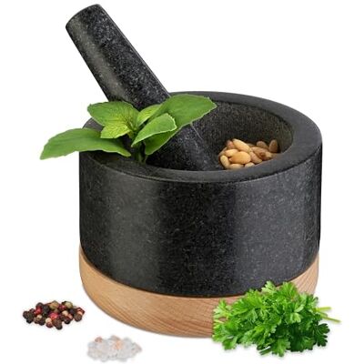 Relaxdays Mörser mit Stößel, Holzuntersetzer, Granit, HxD: 8,5 x 14 cm, Steinmörser, Gewürze & Kräuter, schwarz/natur Relaxdays Mörser mit Stößel, Holzuntersetzer, Granit, HxD: 8,5 x 14 cm, Steinmörser, Gewürze & Kräuter, schwarz/natur