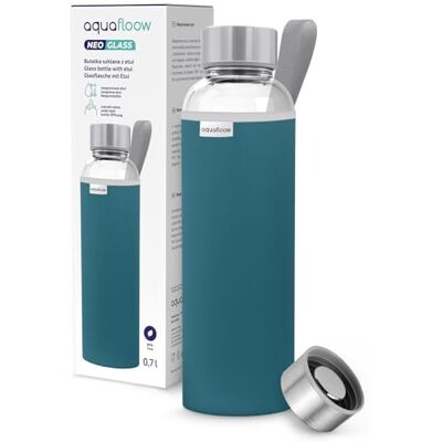 Aquafloow Wasserflasche aus Glas 700 ml mit Neoprenhülle, Transparente trinkflasche Glas mit Bambusdeckel Ideal flasche für Büro, Outdoor, Schule, für Kohlensäurehaltige Getränke – Dunkelblau Aquafloow Wasserflasche aus Glas 700 ml mit Neoprenhülle, Transparente trinkflasche Glas mit Bambusdeckel Ideal flasche für Büro, Outdoor, Schule, für Kohlensäurehaltige Getränke – Dunkelblau