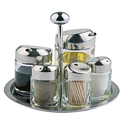 APS Menage, Essig- und Öl Set, Tischgestell für Salz, Pfeffer, Essig, Öl, Zahnstocher, drehbares Gestell, Glasbehälter mit Edelstahl-Deckel und Drehverschluss, 16 x 16 cm, 20 cm Höhe APS Menage, Essig- und Öl Set, Tischgestell für Salz, Pfeffer, Essig, Öl, Zahnstocher, drehbares Gestell, Glasbehälter mit Edelstahl-Deckel und Drehverschluss, 16 x 16 cm, 20 cm Höhe
