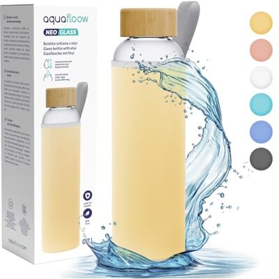 Aquafloow Wasserflasche aus Borosilikat Glas 700 ml mit Neoprenhülle, Transparente trinkflasche Glas mit Bambusdeckel Ideal für Büro, Outdoor, Schule, für Kohlensäurehaltige Getränke – Gelb Aquafloow Wasserflasche aus Borosilikat Glas 700 ml mit Neoprenhülle, Transparente trinkflasche Glas mit Bambusdeckel Ideal für Büro, Outdoor, Schule, für Kohlensäurehaltige Getränke – Gelb