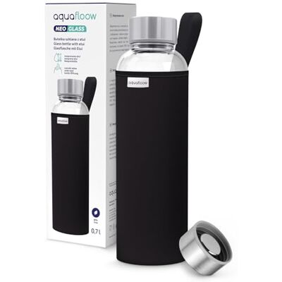 Aquafloow Wasserflasche aus Glas 700 ml mit Neoprenhülle, Transparente trinkflasche Glas mit Bambusdeckel Ideal flasche für Büro, Outdoor, Schule, für Kohlensäurehaltige Getränke – Schwarz Aquafloow Wasserflasche aus Glas 700 ml mit Neoprenhülle, Transparente trinkflasche Glas mit Bambusdeckel Ideal flasche für Büro, Outdoor, Schule, für Kohlensäurehaltige Getränke – Schwarz