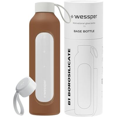 Wessper Trinkflasche Glas 1 Liter, Motivations wasser glasflasche mit Hydrationsskala, borosilikatglas flasche mit Silikonhülle, bpa freie Trinkflaschen Braun Wessper Trinkflasche Glas 1 Liter, Motivations wasser glasflasche mit Hydrationsskala, borosilikatglas flasche mit Silikonhülle, bpa freie Trinkflaschen Braun
