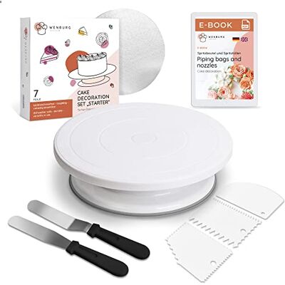 Wenburg Drehbare Tortenplatte, Tortendeko Set zum Backen Backutensilien Backzubehör für Torten Kuchen Drehteller, Winkelpaletten, Teigschaber, Tortendrehscheibe, Konditorei Zubehör (Set Starter) Wenburg Drehbare Tortenplatte, Tortendeko Set zum Backen Backutensilien Backzubehör für Torten Kuchen Drehteller, Winkelpaletten, Teigschaber, Tortendrehscheibe, Konditorei Zubehör (Set Starter)