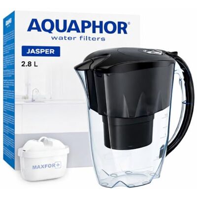 AQUAPHOR Wasserfilter Jasper Schwarz inkl. 1 MAXFOR+ Filter I Reduziert Kalk & Chlor I Karaffe für 2,8l I Tischwasserfilter I Passt in die Kühlschranktür AQUAPHOR Wasserfilter Jasper Schwarz inkl. 1 MAXFOR+ Filter I Reduziert Kalk & Chlor I Karaffe für 2,8l I Tischwasserfilter I Passt in die Kühlschranktür
