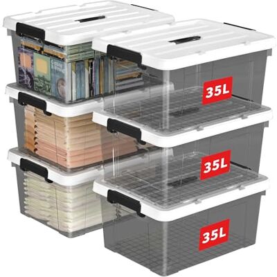 Cetomo 35L*6 Aufbewahrungsboxen, Tragbare Plastikboxen mit Deckeln, Organizer-Behälter mit Griff und Clips, Stapelbar, Ineinander Nestbar, für Zuhause und Büro, Transparent schwarz, 35L-6er Pack Cetomo 35L*6 Aufbewahrungsboxen, Tragbare Plastikboxen mit Deckeln, Organizer-Behälter mit Griff und Clips, Stapelbar, Ineinander Nestbar, für Zuhause und Büro, Transparent schwarz, 35L-6er Pack