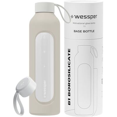 Wessper Trinkflasche Glas 1 liter, Flasche mit Hydrationsskala Ecru Wessper Trinkflasche Glas 1 liter, Flasche mit Hydrationsskala Ecru