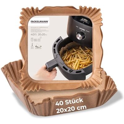 FACKELMANN Backpapier für Heißluftfritteuse – 20 x 20 cm eckig, 40-teilig, öl- und wasserfest, beschichtet – hitzebeständig bis 220C, mikrowellen- und backofengeeignet FACKELMANN Backpapier für Heißluftfritteuse – 20 x 20 cm eckig, 40-teilig, öl- und wasserfest, beschichtet – hitzebeständig bis 220C, mikrowellen- und backofengeeignet