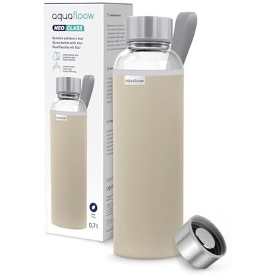 Aquafloow Wasserflasche aus Glas 700 ml mit Neoprenhülle, Transparente trinkflasche Glas mit Bambusdeckel Ideal flasche für Büro, Outdoor, Schule, für Kohlensäurehaltige Getränke – Beige Aquafloow Wasserflasche aus Glas 700 ml mit Neoprenhülle, Transparente trinkflasche Glas mit Bambusdeckel Ideal flasche für Büro, Outdoor, Schule, für Kohlensäurehaltige Getränke – Beige