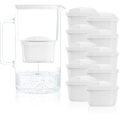 Wessper Wasserfilter Kanne Glas 3L, Set Wasserkanne und 10 Filterkartuschen, Wasserkaraffe für Trinkwasser mit Ersatz Filter, Kompatibel mit Brita Maxtra Weiß Wessper Wasserfilter Kanne Glas 3L, Set Wasserkanne und 10 Filterkartuschen, Wasserkaraffe für Trinkwasser mit Ersatz Filter, Kompatibel mit Brita Maxtra Weiß