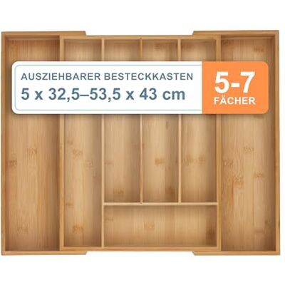 Relaxdays Besteckkasten, 5–7 Fächer, ausziehbarer Besteck Schubladeneinsatz, HxBxT: 5 x 32,5-53,5 x 43 cm, Bambus, Natur Relaxdays Besteckkasten, 5–7 Fächer, ausziehbarer Besteck Schubladeneinsatz, HxBxT: 5 x 32,5-53,5 x 43 cm, Bambus, Natur