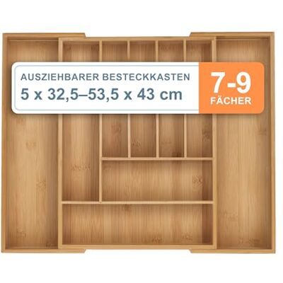 Relaxdays Besteckkasten, 7–9 Fächer, ausziehbarer Besteck Schubladeneinsatz, HxBxT: 5 x 32,5-53,5 x 43 cm, Bambus, Natur Relaxdays Besteckkasten, 7–9 Fächer, ausziehbarer Besteck Schubladeneinsatz, HxBxT: 5 x 32,5-53,5 x 43 cm, Bambus, Natur