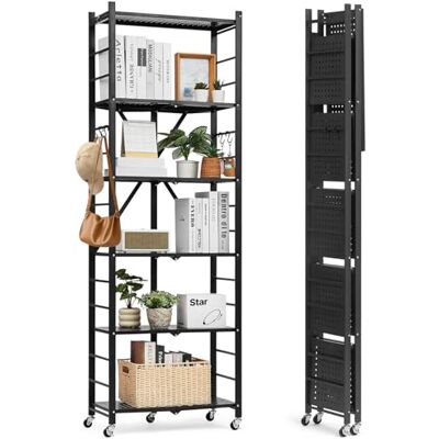VEVOR 6 Etagen, Klappbare Regale mit Rädern, 30x61x183 cm, Faltbares Schwerlastregal, montagefreies Standregal, Haushaltsregal, Küchenregal, Metallregal für Garage, Küche, Keller, schwarz VEVOR 6 Etagen, Klappbare Regale mit Rädern, 30x61x183 cm, Faltbares Schwerlastregal, montagefreies Standregal, Haushaltsregal, Küchenregal, Metallregal für Garage, Küche, Keller, schwarz