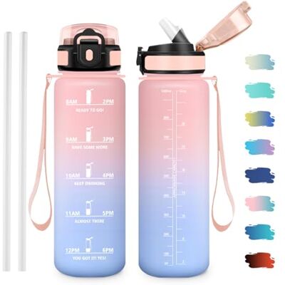 JAPORIA Sportflasche 1L, BPA-frei, Auslaufsicher, Trinkflasche mit Strohhalm, Motivierende Wasserflasche für Fitness, Schule, Fahrrad, Yoga, Camping JAPORIA Sportflasche 1L, BPA-frei, Auslaufsicher, Trinkflasche mit Strohhalm, Motivierende Wasserflasche für Fitness, Schule, Fahrrad, Yoga, Camping