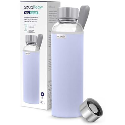 Aquafloow Wasserflasche aus Glas 700 ml mit Neoprenhülle, Transparente trinkflasche Glas mit Bambusdeckel Ideal flasche für Büro, Outdoor, Schule, für Kohlensäurehaltige Getränke – Lila Aquafloow Wasserflasche aus Glas 700 ml mit Neoprenhülle, Transparente trinkflasche Glas mit Bambusdeckel Ideal flasche für Büro, Outdoor, Schule, für Kohlensäurehaltige Getränke – Lila
