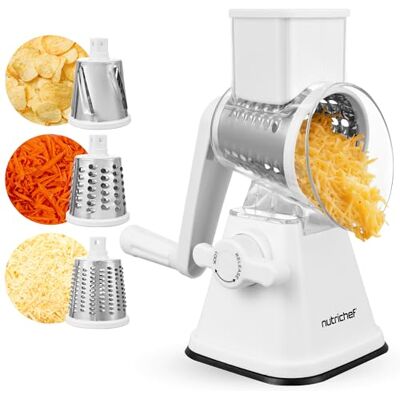 Nutrichef Trommelreibe mit Kurbel Edelstahl Weiß – Gemüsereibe & Käsereibe mit 3 Trommeln und Saugfuß, 9.45 Nutrichef Trommelreibe mit Kurbel Edelstahl Weiß – Gemüsereibe & Käsereibe mit 3 Trommeln und Saugfuß, 9.45