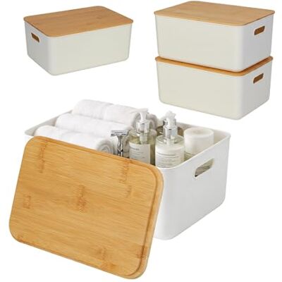 Relaxdays Aufbewahrungsbox, 2er Set, mit Deckel, Kunststoff & Bambus, mit Griffen, Organizer, HBT: 16 x 36 x 25 cm, weiß Relaxdays Aufbewahrungsbox, 2er Set, mit Deckel, Kunststoff & Bambus, mit Griffen, Organizer, HBT: 16 x 36 x 25 cm, weiß